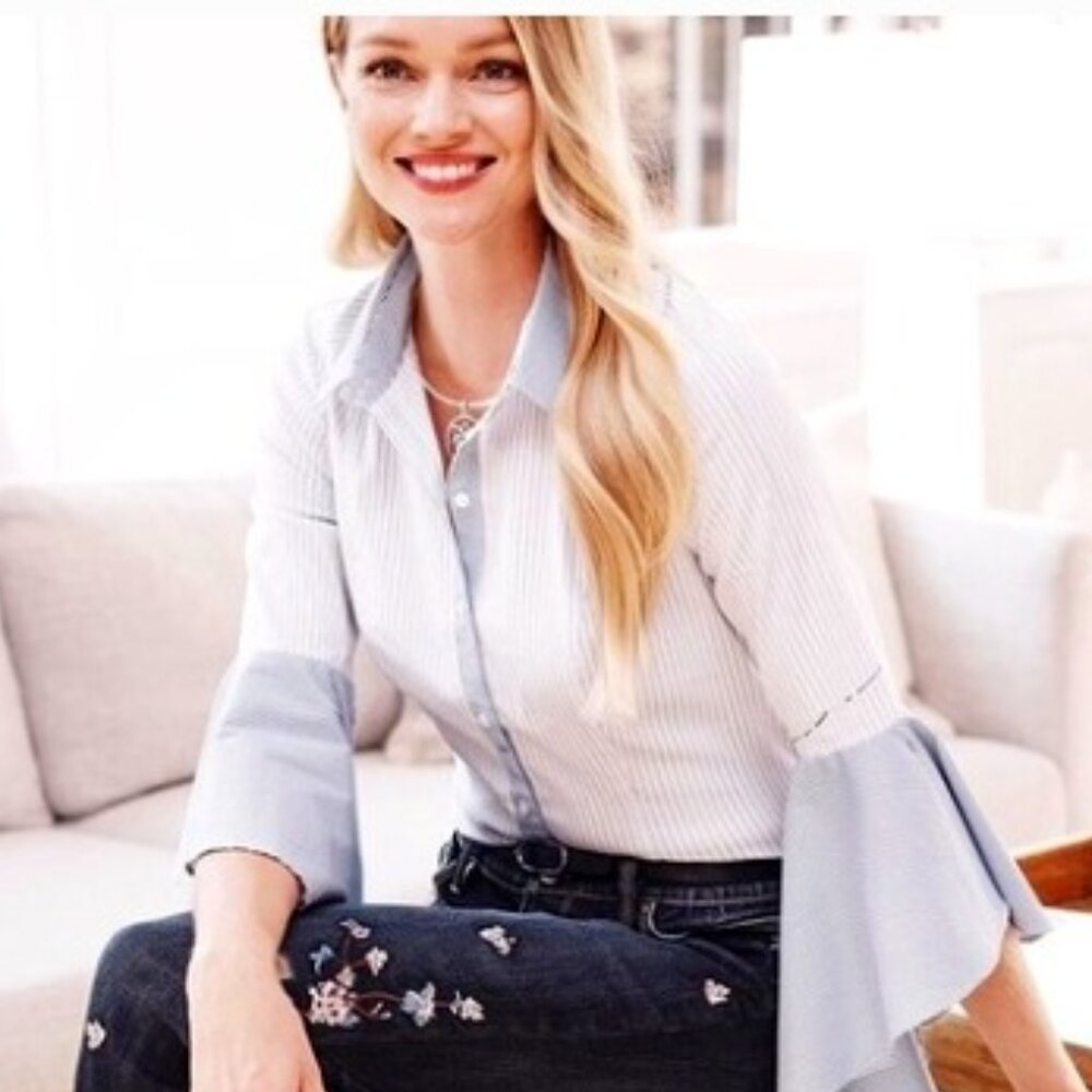 WHBM Sophia stripe feminine romantic career office buttoned shirt blouse